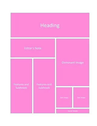 Heading
Features and
Subheads
Features and
Subheads
Editor’s Note
Dominant Image
Sub Image Sub Image
Social Media
 