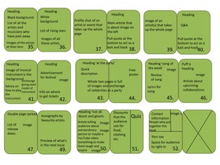 Heading                      Heading
                                                                            Heading                                            Heading
 Black background          White
                           background             Profile shot of an                              Image of an
 List of all the                                                          Main article that
                                                  artist or event that                            artist(s) that takes         Q&A
 artists and                                                              is about image on
                           List of rising stars   takes up the whole                              up the whole page
 musicians who                                                            the left
                                                  page
 have past away
                            Images of all                                Pull quote at the                                 Pull quote at the
 Images of the artists      these artists                                bottom to act as a                                bottom to act as a
 at their best   35.                      36.                    37.     bait and hook
                                                                                         38.                               bait and hook
                                                                                                                 39.                     40.

 Heading                      heading                  Heading ‘at the party’                       Heading ‘song of           Puff is
                                                      Quick                                         the week’ Image            heading
Image of musical                                                                         Free
instrument is the          Advertisement              description                        poster       Review                             image
background                 for festival
          Anchorage                     image                                                         of song                   Article about
                                                           Whole two pages is full
            giving exact                                                                                                        upcoming
Advice on                                                  of images and anchorage                 Lyrics for
            model of
how to play instrument                                     of celebrities at a party               song                         collaborations
                           Info on where
the
                           to get tickets
instrument       41.                      42.                     43.                    44.                     45.                       46.

                                                    Heading ‘not all         Discounts                            Image s
 Double page spread                                                                                   Contact
                            Autographs by           doom and gloom           that the     Quiz        information
                            favourite artists       Article telling image    audience                People who put
 List of     image                                  audience about           use for                 together this
 release                                            extraordinary image      food,                   issue
 dates                                              person or maybe a        clothing
                                                    YouTube video. Image                              Your say
                           Preview of what's                                 etc.
                                                    Something to make                                 Space for audience
                           in the next issue        them laugh and                                    to right in
                 47.                      49.       inspire image   50.                   51.                            52.
 