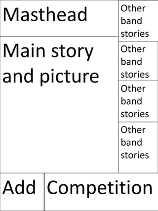 Other
Masthead      band
              stories
Main story    Other
              band
and picture   stories
              Other
              band
              stories
              Other
              band
              stories


Add Competition
 