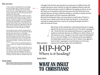 I thought that this font was the best to use because it’s different but still
simple and easy to read, I did this so that the magazine fitted in with the
subject of article and also so that it’s different for people to look at, to me
this looks as if it would be a girls font because of all the flicks that it has
and also because of how curved the writing is, normally in articles the font
will be quite square to fit the masculine side better.
My kind of writing also looks a lot more dense as well and as if there’s a
lot more too it, where as the text for Daily mail doesn’t, so my version
may favour people that like to read a lot, putting off people that don’t
with the amount of text.
My version:
Daily Mail:
Daily Mail:
My version:
My version of the masthead is controversial because it’s going
against the kind of house style that all of the other newspapers
use. I think that this has worked well because it’s gaining the
audiences attention because it’s different to all the others so it
will stand out more, though on the other hand the Daily Mail’s
font is a lot more bolder, so if it where just the two together
the Daily Mails would stand out, but if I where mine against a
load of other newspapers it would stand out in this way
because of it being simple, thin and different.
 