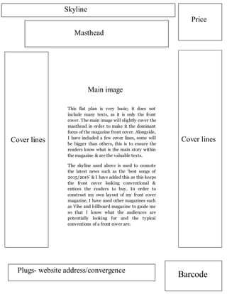 Barcode
Masthead
Main image
Plugs- website address/convergence
Price
Cover lines Cover lines
Skyline
This flat plan is very basic; it does not
include many texts, as it is only the front
cover. The main image will slightly cover the
masthead in order to make it the dominant
focus of the magazine front cover. Alongside,
I have included a few cover lines, some will
be bigger than others, this is to ensure the
readers know what is the main story within
the magazine & are the valuable texts.
The skyline used above is used to connote
the latest news such as the ‘best songs of
2015/2016’ & I have added this as this keeps
the front cover looking conventional &
entices the readers to buy. In order to
construct my own layout of my front cover
magazine, I have used other magazines such
as Vibe and billboard magazine to guide me
so that I know what the audiences are
potentially looking for and the typical
conventions of a front cover are.
 