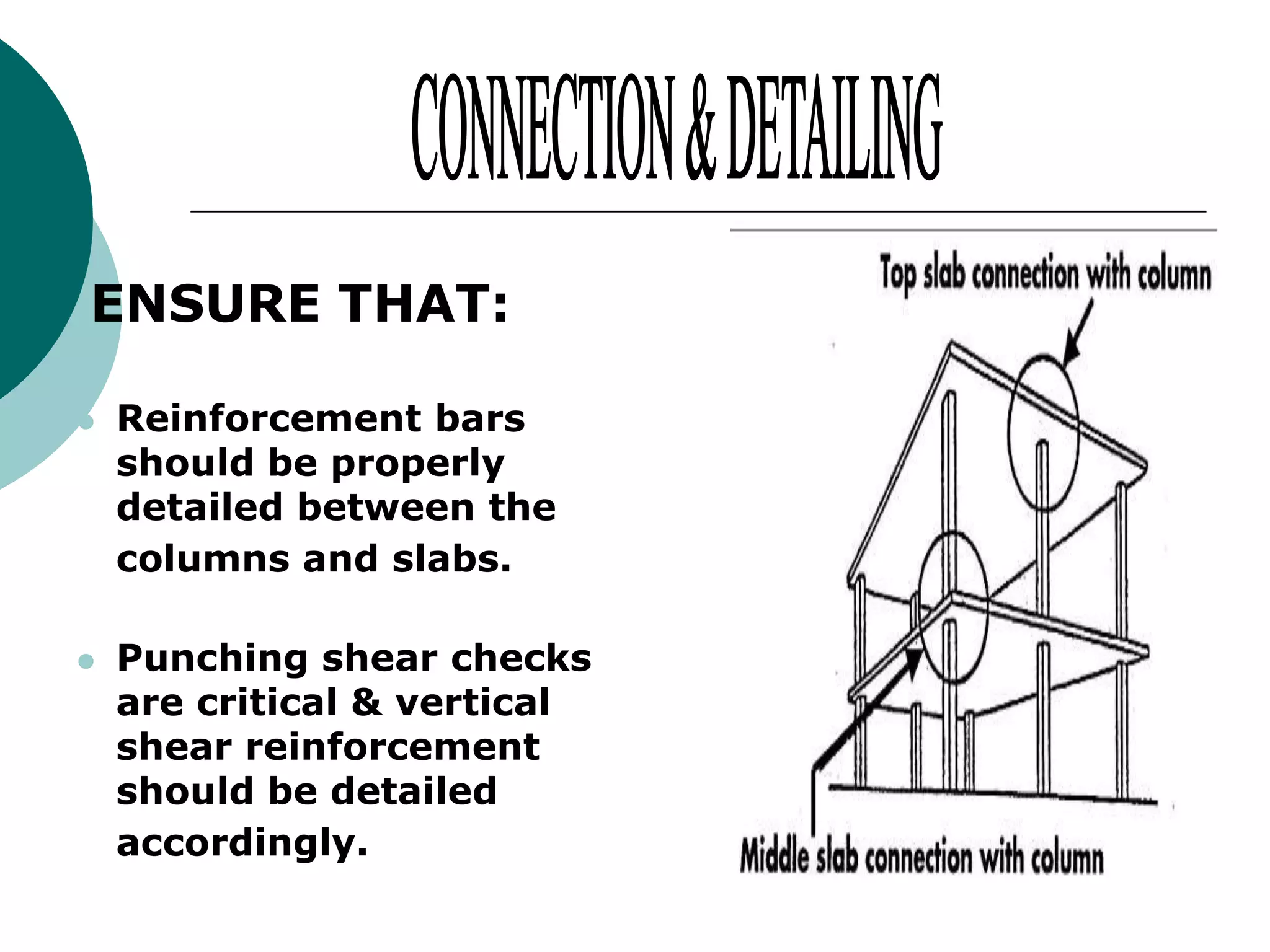 ENSURE THAT:




Reinforcement bars
should be properly
detailed between the
columns and slabs.
Punching shear checks
are critical & vertical
shear reinforcement
should be detailed
accordingly.

 