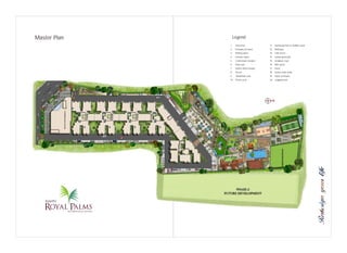 Master Plan
1 Entry/Exit
2 Driveway all round
3 Parking space
4 Entrance plaza
5 Commercial complex
6 Party area
7 Senior citizen lounge
8 Tot-Lot
9 Basketball court
10 Tennis court
11 Swimming Pool & Toddlers pool
12 Barbeque
13 Club house
14 Landscaped park
15 Sculpture court
16 Palm grove
17 Kiosk
18 Serene water body
19 Open air theatre
20 Jogging track
Legend
N
 