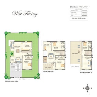 N S
E
W
West Facing
Plot Area : 391.00 Sq.yds.
AREA STATEMENT
GROUND FLOOR 1546.00 SQ.FT
FIRST FLOOR 1546.00 SQ.FT
SECOND FLOOR 712.00 SQ.FT
3804.00 SQ.FTTOTAL
SECOND FLOOR PLAN
DN
OPEN TERRACE
LOW LVL TERRACE
TOILET
4'1½" X
8'0"
DRESS
4'1½" X 5'0"
BED ROOM
10'0"X13'4½"
MULTI PURPOSE
ROOM
15'6"X21'4½"
G A T E
40'-0" R O A D
GROUND FLOOR PLAN
FOYER
5'3"X9'3"
DRAWING
12'9" X 18'6"
PORTICO
18'9"X12'9"
TOILET
10'0"X6'0"
BED ROOM
14'6"X15'0"
LIVING / DINING
17'4½"X13'9"
KITCHEN
16'0"X13'4½"
UP
3'-9"
WASH
P.D.ROOM
6'6" X 3'7½"
UP
BED ROOM
15'0"X13'4½"
STUDY ROOM
12'0" X 13'4½"
FIRST FLOOR PLAN
FAMILY LOUNGE
12'3"X 17'6"PUJA
5'9"X7'10½"
TOILET
5'6" X 8'0"
TOILET
10'0" X 6'0"
DRESS
5'0"
X 6'0"
BED ROOM
14'6"X15'0"
UP
DN
DRESS
5'6" X 5'0"
OPEN TERRACE
Plot Size: 50'3"x70'0”
 