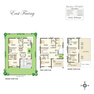 G A T E
40'-0" WIDE R O A D
DRAWING
11'9" X 13'3"
BED ROOM
14'0"X13'3"
TOILET
5'6"X
13'3"
DRESS
FOYER
5'3"X6'9"LIVING / DINING
16'0" X 15'3"
PORTICO
16'9" X 11'4½"
GROUND FLOOR PLAN
KITCHEN
15'3"X10'0"
UP
P.D
ROOM
3'2"X5'0"
UTILITY
8'0"X5'7½"
BED ROOM
15'3"X13'3"
TOILET
6'0"X13'3"
DRESS
PUJA
5'9"X6'4½"
BED ROOM
15'3"X10'7½"
FAMILY LOUNGE
15'9" X 15'3"
STUDY
10'0"X13'3"
FIRST FLOOR PLAN
TOILET
10'6"X5'0"
OPEN TERRACE
UP
DN
SECOND FLOOR PLAN
DN
OPEN TERRACE
LOW LVL TERRACE
LOUNGE BAR
11'9"X6'3"
TOILET
4'0"X
10'0" BED ROOM
10'10½"X10'0"
OPEN TERRACE
MULTIPURPOSE
ROOM
15'3"X13'3"
NS
E
W
East Facing
Plot Area : 300.00 Sq.yds.
AREA STATEMENT
GROUND FLOOR 1400.00 SQ.FT
FIRST FLOOR 1400.00 SQ.FT
SECOND FLOOR 600.00 SQ.FT
3400.00 SQ.FTTOTAL
Plot Size: 45'0"x60'0”
 