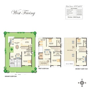 N S
E
W
West Facing
Plot Area : 300.00 Sq.yds.
AREA STATEMENT
GROUND FLOOR 1365.00 SQ.FT
FIRST FLOOR 1365.00 SQ.FT
SECOND FLOOR 682.00 SQ.FT
3412.00 SQ.FTTOTAL
OPEN TERRACE
BED ROOM
15'0"X11'0"
STUDY ROOM
10'9" X 11'0"
FIRST FLOOR PLAN
FAMILY LOUNGE
10'3"X 17'0"PUJA
5'9"X9'9"
TOILET
5'6"
X11'0"
TOILET
10'0 " X 6'0"
BED ROOM
15'3"X13'3"
UP
DN OPEN TERRACE
SECOND FLOOR PLAN
MULTI PURPOSE
ROOM
14'3"X19'7½"
DN
LOW LVL TERRACE
TOILET
4'6" X
11'0"
BED ROOM
10'4½"X11'0"
G A T E
GROUND FLOOR PLAN
40'-0" R O A D
FOYER
5'3"X9'9"
DRAWING
11'9" X 17'7½"
PORTICO
17'9"X11'10½"
TOILET
10'0"X6'0"
BED ROOM
14'3"X13'3”
LIVING / DINING
17'X11'9"
UP
KITCHEN
15'0 "X11'0"
UP
P.D.ROOM
6'6" X 3'7½"
3'-9"
WASH
Plot Size: 45'0"x60'0”
 
