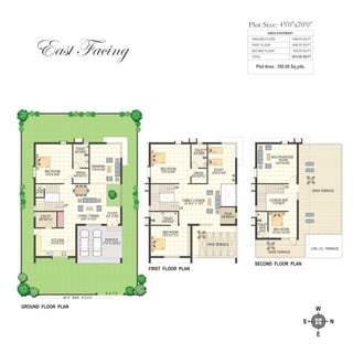 NS
E
W
East Facing
Plot Area : 350.00 Sq.yds.
AREA STATEMENT
GROUND FLOOR 1496.00 SQ.FT
FIRST FLOOR 1496.00 SQ.FT
SECOND FLOOR 620.00 SQ.FT
3612.00 SQ.FTTOTAL
SECOND FLOOR PLAN
DN
OPEN TERRACE
OPEN TERRACE
LOW LVL TERRACE
LOUNGE BAR
11'9"X6'3"
BED ROOM
10'10½"X10'0"
TOILET
4'0"X
10'0"
MULTIPURPOSE
ROOM
15'3"X14'6"
BED ROOM
15'3"X14'6"
TOILET
6'0"X8'6"
PUJA
5'9"X6'4½"
BED ROOM
15'3"X11'7½"
FAMILY LOUNGE
15'10½" X 15'3"
STUDY
10'6"X14'6"
FIRST FLOOR PLAN
TOILET
10'6"X5'0"
OPEN TERRACE
UP
DN
DRESS
6'0"X5'7½"
G A T E
40'-0" WIDE R O A D
GROUND FLOOR PLAN
DRAWING
11'9"X14'6"
BED ROOM
14'0"X14'6"
TOILET
6'0"X8'6"
FOYER
5'3" X 6'9"LIVING / DINING
16'6" X 15'3"
PORTICO
17'3" X 12'4½"
KITCHEN
15'3"X11'0"
UP
P.D
ROOM
3'2"X5'0"
DRESS
6'0"X5'7½"
UTILITY
8'0"X5'7½"
Plot Size: 45'0"x70'0”
 