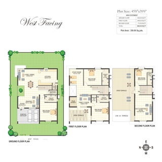 N S
E
W
West Facing
Plot Area : 350.00 Sq.yds.
AREA STATEMENT
GROUND FLOOR 1445.00 SQ.FT
FIRST FLOOR 1445.00 SQ.FT
SECOND FLOOR 712.00 SQ.FT
3602.00 SQ.FTTOTAL
G A T E
40'-0" R O A D
GROUND FLOOR PLAN
FOYER
5'3"X10'7½"
DRAWING
12'3" X 18'6"
PORTICO
18'3"X12’9"
TOILET
10'0"X6'0"
BED ROOM
14'3"X15'0"
LIVING / DINING
17'6"X11'0"
UP
KITCHEN
15'0"X11'0"
UP
3'-9"
WASH
P.D.ROOM
6'6" X 3'7½"
OPEN TERRACE
BED ROOM
15'0"X11'0"
STUDY ROOM
11'3" X 11'0"
FIRST FLOOR PLAN
FAMILY LOUNGE
10'9"X 17'6"
PUJA
5'9"X9'3"
TOILET
5'6"
X 11'0"
TOILET
10'0" X 6'0"
DRESS
5'0"
X 6'0"
BED ROOM
15'3"X15'0"
UP
DN
SECOND FLOOR PLAN
DN
OPEN TERRACE
LOW LVL TERRACE
TOILET
4'6" X
11'0"
BED ROOM
10'4½"X11'0"
MULTI PURPOSE
ROOM
15'3"X21'4½"
Plot Size: 45'0"x70'0”
 