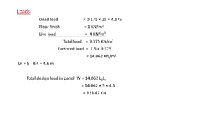Loads
Dead load = 0.175 × 25 = 4.375
Floar finish = 1 KN/m2
Live load = 4 KN/m2
Total load = 9.375 KN/m2
Factored load = 1.5 × 9.375
= 14.062 KN/m2
Ln = 5 - 0.4 = 4.6 m
Total design load in panel W = 14.062 L2Ln
= 14.062 × 5 × 4.6
= 323.42 KN
 