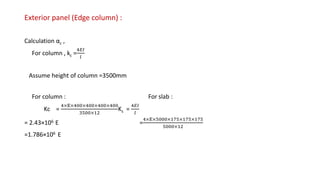 Exterior panel (Edge column) :
Calculation αc ,
For column , kc =
4𝐸𝐼
𝑙
Assume height of column =3500mm
For column : For slab :
Kc =
4×E×400×400×400×400
3500×12
Ks =
4𝐸𝐼
𝑙
= 2.43×106 E =
4×E×5000×175×175×175
5000×12
=1.786×106 E
 