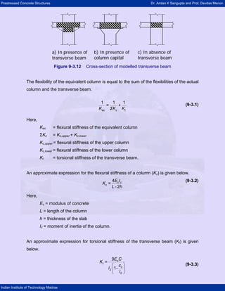 Prestressed Concrete Structures Dr. Amlan K Sengupta and Prof. Devdas Menon
Indian Institute of Technology Madras
a) In presence of
transverse beam
b) In presence of
column capital
c) In absence of
transverse beam
a) In presence of
transverse beam
b) In presence of
column capital
c) In absence of
transverse beam
Figure 9-3.12 Cross-section of modelled transverse beam
The flexibility of the equivalent column is equal to the sum of the flexibilities of the actual
column and the transverse beam.
(9-3.1)
ec c t
= +
K ΣK K
1 1 1
Here,
Kec = flexural stiffness of the equivalent column
ΣKc = Kc,upper + Kc,lower
Kc,upper = flexural stiffness of the upper column
Kc,lower = flexural stiffness of the lower column
Kt = torsional stiffness of the transverse beam.
An approximate expression for the flexural stiffness of a column (Kc) is given below.
(9-3.2)c c
c
E I
K =
L - h
4
2
Here,
Ec = modulus of concrete
L = length of the column
h = thickness of the slab
Ic = moment of inertia of the column.
An approximate expression for torsional stiffness of the transverse beam (Kt) is given
below.
(9-3.3)
l
⎛ ⎞
⎜ ⎟
⎝ ⎠
c
t
E C
K =
c
l - 2
2
2
9
1
 