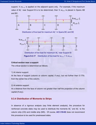 Prestressed Concrete Structures Dr. Amlan K Sengupta and Prof. Devdas Menon
Indian Institute of Technology Madras
support, ¾ wu LL is applied on the adjacent spans only. For example, if the maximum
value of Mu
–
near Support B is to be determined, then ¾ wu,LL is placed in Spans AB
and BC.
A B C D E
¾wu,LL.l2
wu,DL.l2
A B C D E
¾wu,LL.l2
wu,DL.l2
Distribution of live load for maximum Mu
+
in Spans BC and DE
A B C D E
wu,DL.l2
¾wu,LL.l2
A B C D E
wu,DL.l2
¾wu,LL.l2
Distribution of live load for maximum Mu
-
near Support B
Figure 9-3.17 Distribution of live load for wu LL > ¾ wu,DL
Critical section near a support
The critical section is determined as follows.
1) At interior support
At the face of support (column or column capital, if any), but not further than 0.175l1
from the center line of the column.
2) At exterior support
At a distance from the face of column not greater than half the projection of the column
capital (if any).
9.3.4 Distribution of Moments to Strips
In absence of a rigorous analysis (say finite element analysis), the procedure for
reinforced concrete slabs may be used to distribute the moments Mu
+
and Mu
–
to the
column strip (CS) and middle strip (MS). Of course, ACI 318-02 does not recommend
this procedure to be used for prestressed slabs.
 