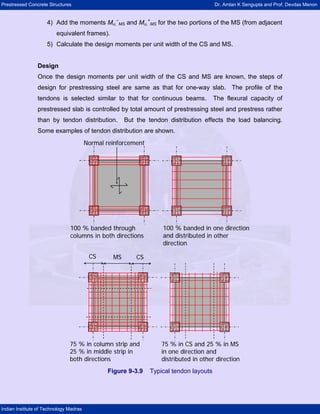 Prestressed Concrete Structures Dr. Amlan K Sengupta and Prof. Devdas Menon
Indian Institute of Technology Madras
4) Add the moments Mu,
–
MS and Mu,
+
MS for the two portions of the MS (from adjacent
equivalent frames).
5) Calculate the design moments per unit width of the CS and MS.
Design
Once the design moments per unit width of the CS and MS are known, the steps of
design for prestressing steel are same as that for one-way slab. The profile of the
tendons is selected similar to that for continuous beams. The flexural capacity of
prestressed slab is controlled by total amount of prestressing steel and prestress rather
than by tendon distribution. But the tendon distribution effects the load balancing.
Some examples of tendon distribution are shown.
100 % banded through
columns in both directions
Normal reinforcement
100 % banded in one direction
and distributed in other
direction
100 % banded through
columns in both directions
Normal reinforcement
100 % banded in one direction
and distributed in other
direction
75 % in column strip and
25 % in middle strip in
both directions
75 % in CS and 25 % in MS
in one direction and
distributed in other direction
CS MS CS
75 % in column strip and
25 % in middle strip in
both directions
75 % in CS and 25 % in MS
in one direction and
distributed in other direction
CS MS CS
Figure 9-3.9 Typical tendon layouts
 