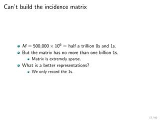 Can’t build the incidence matrix
M = 500,000 × 106 = half a trillion 0s and 1s.
But the matrix has no more than one billion 1s.
Matrix is extremely sparse.
What is a better representations?
We only record the 1s.
17 / 60
 