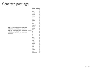 Generate postings
Doc 1. i did enact julius caesar i was
killed i’ the capitol brutus killed me
Doc 2. so let it be with caesar the
noble brutus hath told you caesar was
ambitious
=⇒
term docID
i 1
did 1
enact 1
julius 1
caesar 1
i 1
was 1
killed 1
i’ 1
the 1
capitol 1
brutus 1
killed 1
me 1
so 2
let 2
it 2
be 2
with 2
caesar 2
the 2
noble 2
brutus 2
hath 2
told 2
you 2
caesar 2
was 2
ambitious 2
21 / 60
 