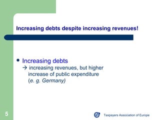 Increasing debts despite increasing revenues!




     Increasing   debts
       increasing revenues, but higher
       increase of public expenditure
       (e. g. Germany)




5                                         Taxpayers Association of Europe
 