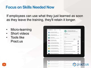 10
Focus on Skills Needed Now
If employees can use what they just learned as soon
as they leave the training, they'll retain it longer.
• Micro-learning
• Short videos
• Tools like
Pract.us
 