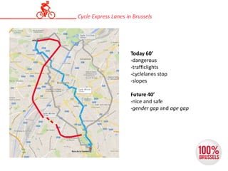 Today 60’
-dangerous
-trafficlights
-cyclelanes stop
-slopes
Future 40’
-nice and safe
-gender gap and age gap
Cycle Express Lanes in Brussels
 