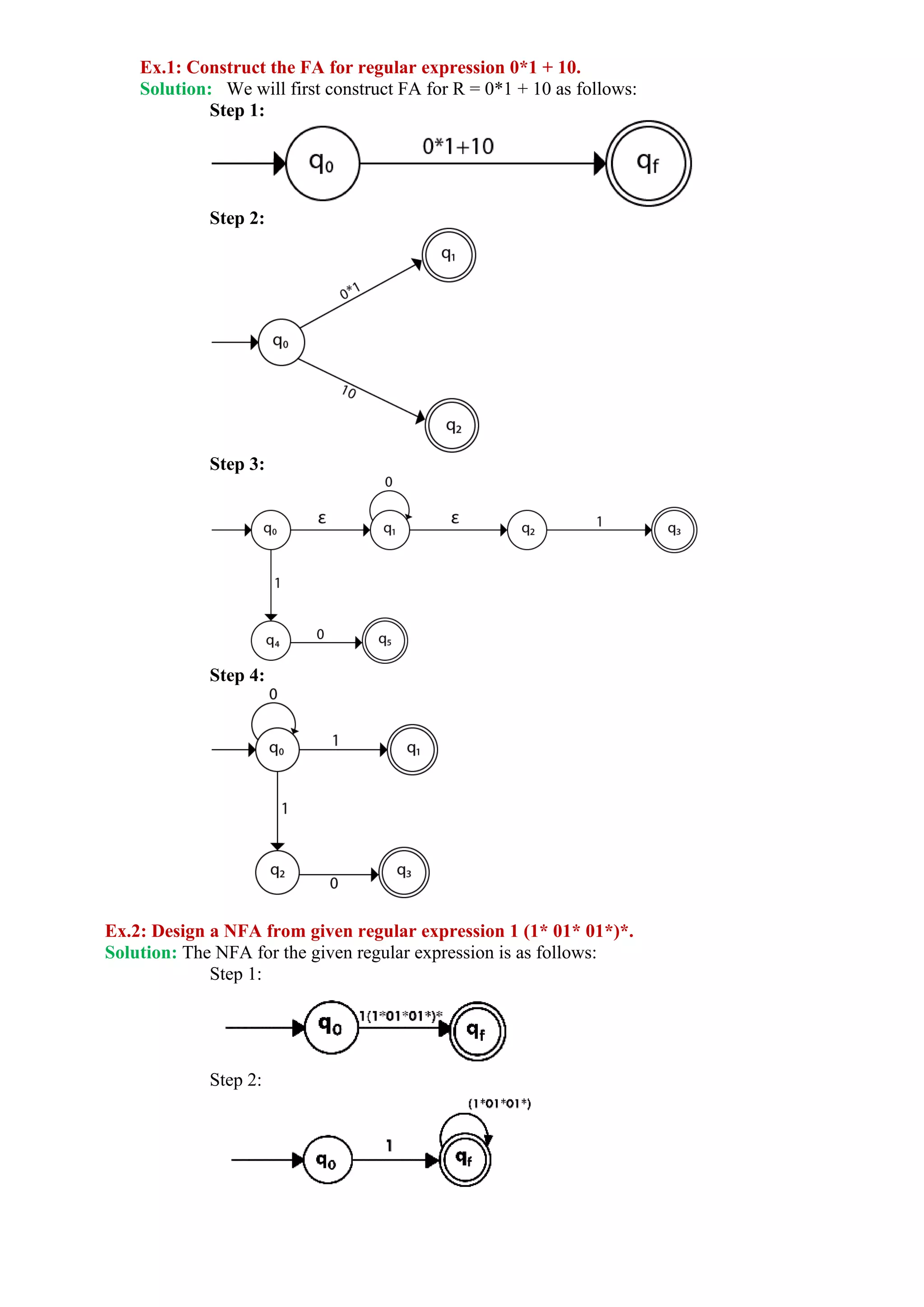 Ex.1: Construct the FA for regular expression 0*1 + 10.
Solution: We will first construct FA for R = 0*1 + 10 as follows:
Step 1:
Step 2:
Step 3:
Step 4:
Ex.2: Design a NFA from given regular expression 1 (1* 01* 01*)*.
Solution: The NFA for the given regular expression is as follows:
Step 1:
Step 2:
 