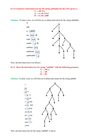 Ex 4: Construct a derivation tree for the string aabbabba for the CFG given by,
S → aB | bA
A → a | aS | bAA
B → b | bS | aBB
Solution: To draw a tree, we will first try to obtain derivation for the string aabbabba
Now, the derivation tree is as follows:
Ex 5: Show the derivation tree for string "aabbbb" with the following grammar.
S → AB | ε
A → aB
B → Sb
Solution: To draw a tree we will first try to obtain derivation for the string aabbbb
Now, the derivation tree for the string "aabbbb" is above.
 
