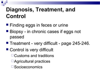 Diagnosis, Treatment, and
Control
 Finding eggs in feces or urine
 Biopsy - in chronic cases if eggs not
passed
 Treatment - very difficult - page 245-246.
 Control is very difficult
Customs and traditions
Agricultural practices
Socioeconomics
 