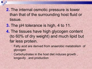 2. The internal osmotic pressure is lower
than that of the surrounding host fluid or
tissue.
3. The pH tolerance is high, 4 to 11.
4. The tissues have high glycogen content
(to 60% of dry weight) and much lipid but
far less protein.
 Fatty acid are derived from anaerobic metabolism of
glycogen
 Carbohydrates in the host diet induces growth ,
longevity , and production
 
