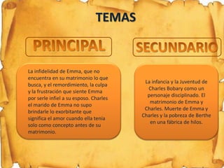 TEMAS


La infidelidad de Emma, que no
encuentra en su matrimonio lo que
                                         La infancia y la Juventud de
busca, y el remordimiento, la culpa
                                          Charles Bobary como un
y la frustración que siente Emma
                                          personaje disciplinado. El
por serle infiel a su esposo. Charles
                                           matrimonio de Emma y
el marido de Emma no supo
                                         Charles. Muerte de Emma y
brindarle lo exorbitante que
                                        Charles y la pobreza de Berthe
significa el amor cuando ella tenía
                                           en una fábrica de hilos.
solo como concepto antes de su
matrimonio.
 