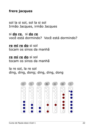 frere jacques

sol la si sol, sol la si sol
Irmão Jacques, irmão Jacques
si do re, si do re
você está dormindo? Você está dormindo?
re mi re do si sol
tocam os sinos da manhã
re mi re do si sol
tocam os sinos da manhã
la re sol, la re sol
ding, ding, dong; ding, ding, dong

sol

la

Curso de flauta doce nível 1

si

do

re

mi

re

22

 