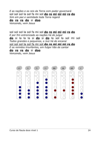 E as nações e os reis da Terra com poder governará

sol sol sol la sol fa mi sol do re mi mi mi re do
Sim em paz e santidade toda Terra regerá

do re re do si doo
Vencendo, vem Jesus

sol sol sol la sol fa mi sol do re mi mi mi re do
E por fim entronizado as nações há de julgar

do si la la la si do si do la sol la sol mi sol
Todos grandes e pequenos, o Juiz há de encarar

sol sol sol la sol fa mi sol do re mi mi mi re do
E os remidos triunfantes, em fulgor hão de cantar

do re re do si doo
Vencendo, vem Jesus

sol

la

fa

Curso de flauta doce nível 1

mi

do

re

mi

si

24

 