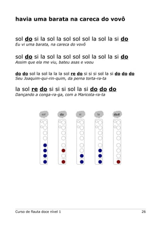 havia uma barata na careca do vovô

sol do si la sol la sol sol sol la sol la si do
Eu vi uma barata, na careca do vovô

sol do si la sol la sol sol sol la sol la si do
Assim que ela me viu, bateu asas e voou

do do sol la sol la la la sol re do si si si sol la si do do do
Seu Joaquim-qui-rin-quim, da perna torta-ra-ta

la sol re do si si si sol la si do do do
Dançando a conga-ra-ga, com a Maricota-ra-ta

sol

do

Curso de flauta doce nível 1

si

la

do#

26

 