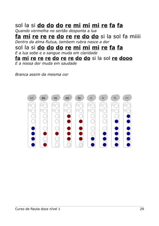 sol la si do do do re mi mi mi re fa fa
Quando vermelha no sertão desponta a lua

fa mi re re re do re re do do si la sol fa miiii
Dentro da alma flutua, tambem rubra nasce a dor

sol la si do do do re mi mi mi re fa fa
E a lua sobe e o sangue muda em claridade

fa mi re re re do re re do do si la sol re dooo
E a nossa dor muda em saudade
Branca assim da mesma cor

sol

do

re

Curso de flauta doce nível 1

mi

fa

si

la

fa

mi

29

 