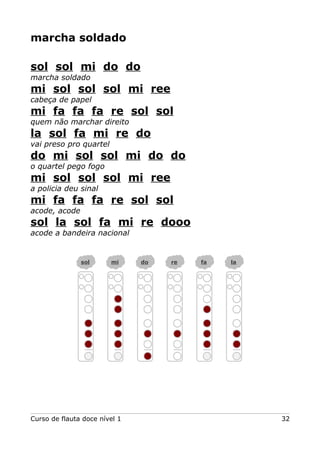 marcha soldado
sol sol mi do do
marcha soldado

mi sol sol sol mi ree
cabeça de papel

mi fa fa fa re sol sol
quem não marchar direito

la sol fa mi re do
vai preso pro quartel

do mi sol sol mi do do
o quartel pego fogo

mi sol sol sol mi ree
a policia deu sinal

mi fa fa fa re sol sol
acode, acode

sol la sol fa mi re dooo
acode a bandeira nacional

sol

mi

Curso de flauta doce nível 1

do

re

fa

la

32

 