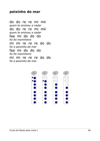 peixinho do mar
do do re re mi mii
quem te ensinou a nadar

do do re re mi mii
quem te ensinou a nadar

faa mi do do do
foi foi marinheiro

mi mi re re re do do
foi o peixinho do mar

faa mi do do do
foi foi marinheiro

mi mi re re re do do
foi o peixinho do mar

do

Curso de flauta doce nível 1

re

mi

fa

46

 