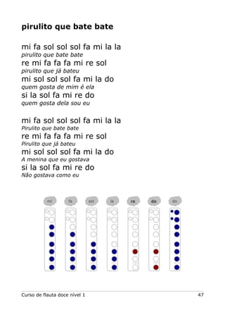pirulito que bate bate
mi fa sol sol sol fa mi la la
pirulito que bate bate

re mi fa fa fa mi re sol
pirulito que já bateu

mi sol sol sol fa mi la do
quem gosta de mim é ela

si la sol fa mi re do
quem gosta dela sou eu

mi fa sol sol sol fa mi la la
Pirulito que bate bate

re mi fa fa fa mi re sol
Pirulito que já bateu

mi sol sol sol fa mi la do
A menina que eu gostava

si la sol fa mi re do
Não gostava como eu

mi

fa

Curso de flauta doce nível 1

sol

la

re

do

do

47

 