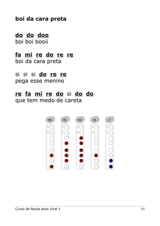 boi da cara preta
do do doo
boi boi booii
fa mi re do re re
boi da cara preta
si si si do re re
pega esse menino
re fa mi re do si do do
que tem medo de careta
Curso de flauta doce nível 1 11
do fa mi re si
 