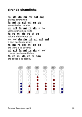 ciranda cirandinha
sol do do mi mi sol sol
ciranda cirandinha
fa mi re sol mi re do
vamos todos cirandar
mi sol fa mi re do si sol
vamos dar a meia volta
fa re mi do re si do
volta e meia vamos dar
sol sol do do mi mi sol sol
o anel que tu me deste
fa mi re sol mi re do
era vidro e se quebrou
mi sol fa mi re do si sol
o amor que tu me tinhas
fa re mi do re si doo
era pouco e se acabou
Curso de flauta doce nível 1 16
sol do mi sol fa si
 