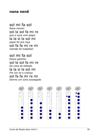 nana nenê
sol mi fa sol
Nana nenem
sol la sol fa mi re
que a cuca vem pegar
la la si la sol mi
papai foi pra roça
sol fa fa mi re mi
mamãe foi trabalhar
sol mi fa sol
Desce gatinho
sol la sol fa mi re
De cima do telhado
la la si la sol mi
Pra ver se a criança
sol fa fa mi re mi
Dorme um sono sossegado
Curso de flauta doce nível 1 35
sol mi fa la si re do
 
