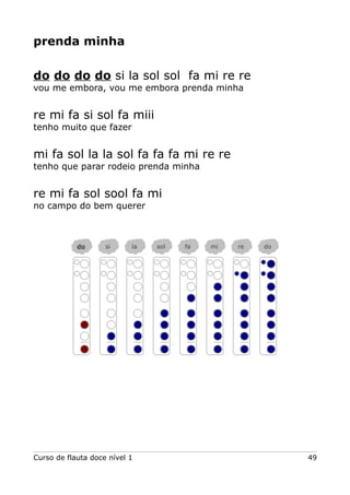 prenda minha
do do do do si la sol sol fa mi re re
vou me embora, vou me embora prenda minha
re mi fa si sol fa miii
tenho muito que fazer
mi fa sol la la sol fa fa fa mi re re
tenho que parar rodeio prenda minha
re mi fa sol sool fa mi
no campo do bem querer
Curso de flauta doce nível 1 49
do si la sol fa mi re do
 
