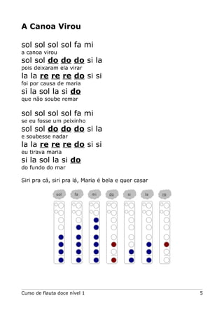 A Canoa Virou
sol sol sol sol fa mi
a canoa virou
sol sol do do do si la
pois deixaram ela virar
la la re re re do si si
foi por causa de maria
si la sol la si do
que não soube remar
sol sol sol sol fa mi
se eu fosse um peixinho
sol sol do do do si la
e soubesse nadar
la la re re re do si si
eu tirava maria
si la sol la si do
do fundo do mar
Siri pra cá, siri pra lá, Maria é bela e quer casar
Curso de flauta doce nível 1 5
sol fa mi do si la re
 