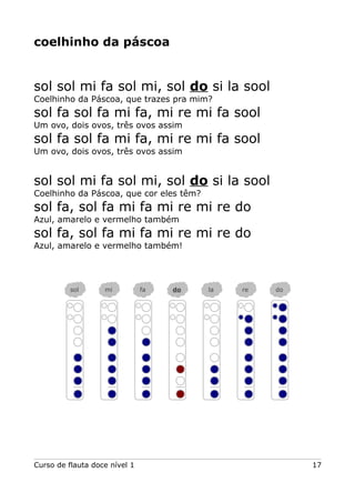coelhinho da páscoa
sol sol mi fa sol mi, sol do si la sool
Coelhinho da Páscoa, que trazes pra mim?
sol fa sol fa mi fa, mi re mi fa sool
Um ovo, dois ovos, três ovos assim
sol fa sol fa mi fa, mi re mi fa sool
Um ovo, dois ovos, três ovos assim
sol sol mi fa sol mi, sol do si la sool
Coelhinho da Páscoa, que cor eles têm?
sol fa, sol fa mi fa mi re mi re do
Azul, amarelo e vermelho também
sol fa, sol fa mi fa mi re mi re do
Azul, amarelo e vermelho também!
Curso de flauta doce nível 1 17
sol mi fa do la re do
 
