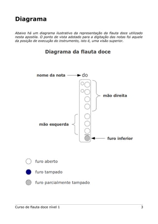 Diagrama
Abaixo há um diagrama ilustrativo da representação da flauta doce utilizado
nesta apostila. O ponto de vista adotado para a digitação das notas foi aquele
da posição de execução do instrumento, isto é, uma visão superior.
Curso de flauta doce nível 1 3
 