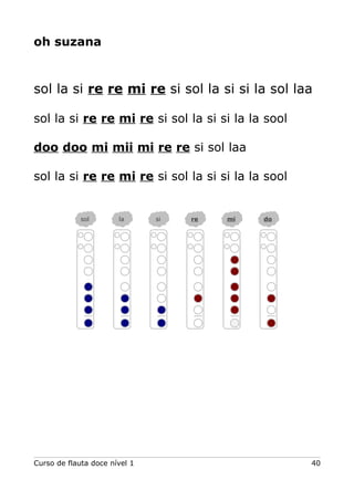 oh suzana
sol la si re re mi re si sol la si si la sol laa
sol la si re re mi re si sol la si si la la sool
doo doo mi mii mi re re si sol laa
sol la si re re mi re si sol la si si la la sool
Curso de flauta doce nível 1 40
sol la si re mi do
 