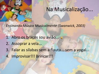 Na Musicalização...

Ensinando Música Musicalmente (Swanwick, 2003)


1.   Abro os braços sou avião...
2.   Assoprar a vela...
3.   Falar as sílabas sem a flauta... sem a vogal...
4.   Improvisar!!! Brincar!!!
 