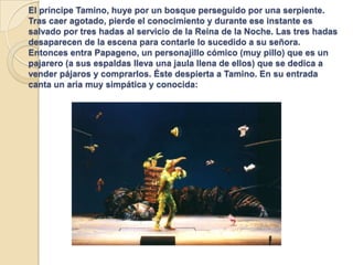 El príncipe Tamino, huye por un bosque perseguido por una serpiente.
Tras caer agotado, pierde el conocimiento y durante ese instante es
salvado por tres hadas al servicio de la Reina de la Noche. Las tres hadas
desaparecen de la escena para contarle lo sucedido a su señora.
Entonces entra Papageno, un personajillo cómico (muy pillo) que es un
pajarero (a sus espaldas lleva una jaula llena de ellos) que se dedica a
vender pájaros y comprarlos. Éste despierta a Tamino. En su entrada
canta un aria muy simpática y conocida:
 