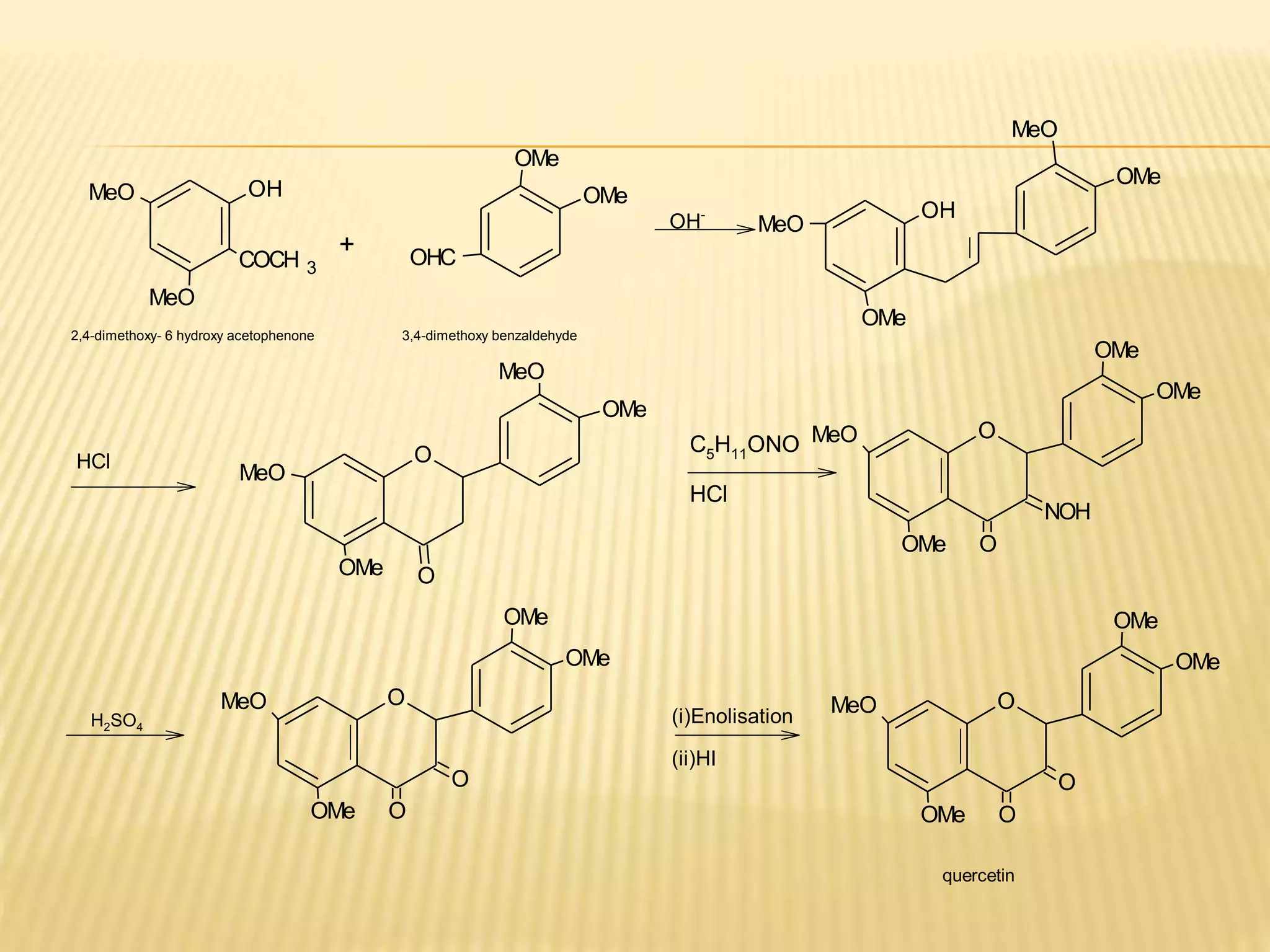MeO 
MeO 
OH 
COCH 3 OHC 
OMe 
OMe 
+ 
OH- 
OMe 
MeO 
OH 
OMe 
MeO 
HCl O 
OMe O 
MeO 
OMe 
MeO 
C5H11ONO 
HCl 
MeO O 
OMe O 
NOH 
OMe 
OMe 
H2SO4 
MeO O 
OMe O 
OMe 
OMe 
O 
(i)Enolisation 
(ii)HI 
MeO O 
OMe O 
OMe 
OMe 
O 
2,4-dimethoxy- 6 hydroxy acetophenone 3,4-dimethoxy benzaldehyde 
quercetin 
 