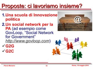 Proposte: ci lavoriamo insieme? Una scuola di Innovazione politica Un social network per la PA  (ad esempio come GovLoop, “Social Network for Government”  http://www.govloop.com )  G2G G2C  @ http://t0.gstatic.com/images?q=tbn:6teQqm90hzeTPM:http://www.walser-cultura.it/img-db/l/5/banco%2520di%2520scuola.jpg 