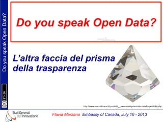 DoyouspeakOpenData?
Flavia Marzano Embassy of Canada, July 10 - 2013
Do you speak Open Data?
L’altra faccia del prisma
della trasparenza
http://www.macrolibrarsi.it/prodotti/__swarovski-prismi-di-cristallo-pendolo.php
 