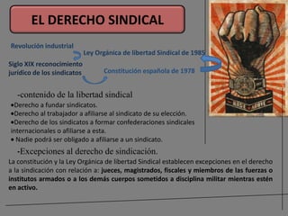 EL DERECHO SINDICAL
Revolución industrial
                             Ley Orgánica de libertad Sindical de 1985
Siglo XIX reconocimiento
jurídico de los sindicatos         Constitución española de 1978


   -contenido de la libertad sindical
 Derecho a fundar sindicatos.
 Derecho al trabajador a afiliarse al sindicato de su elección.
 Derecho de los sindicatos a formar confederaciones sindicales
internacionales o afiliarse a esta.
  Nadie podrá ser obligado a afiliarse a un sindicato.
   -Excepciones al derecho de sindicación.
La constitución y la Ley Orgánica de libertad Sindical establecen excepciones en el derecho
a la sindicación con relación a: jueces, magistrados, fiscales y miembros de las fuerzas o
institutos armados o a los demás cuerpos sometidos a disciplina militar mientras estén
en activo.
 