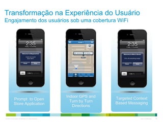 © 2010 Cisco and/or its affiliates. All rights reserved. Cisco Confidential 38
Prompt to Open
Store Application
Indoor GPS and
Turn by Turn
Directions
Targeted Context
Based Messaging
Transformação na Experiência do Usuário
Engajamento dos usuários sob uma cobertura WiFi
 