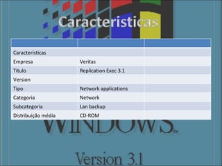 Características Empresa Veritas  Titulo Replication Exec 3.1  Version   Tipo Network applications  Categoria Network  Subcategoria Lan backup  Distribuição média CD-ROM  